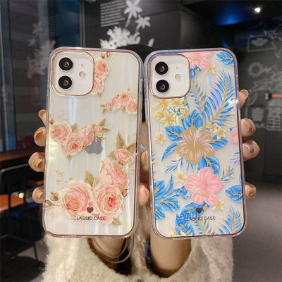 Imd Transparent Tpu Electroplating Gold Edge Colorful Flowers With Aurora Big Hole Phone Case For Iphone 13 12 11 Pro Max