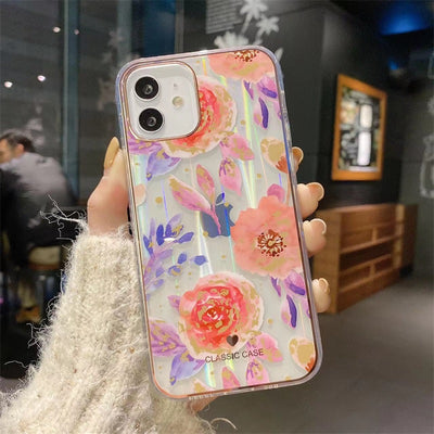 Imd Transparent Tpu Electroplating Gold Edge Colorful Flowers With Aurora Big Hole Phone Case For Iphone 13 12 11 Pro Max