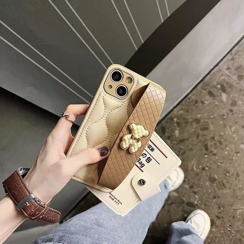 New wholesale designer cotton Down mobile phone case with bear check belt  soft luxury  phone case for iPhone 11-14promax